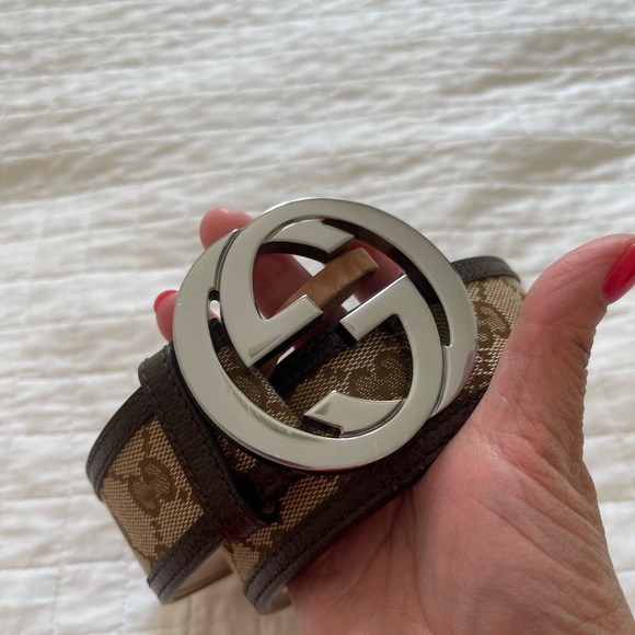 ❌SOLD❌💯Authentic Gucci Canvas Leather Silver Interlocking Buckle belt size 38 - Picture 11 of 15